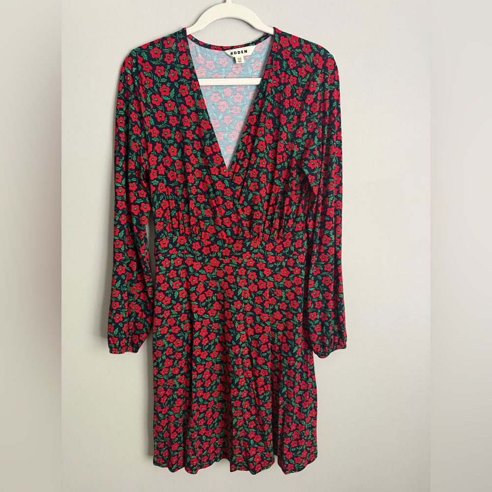 Boden Red Floral Jersey Faux Wrap Dress Size 8R